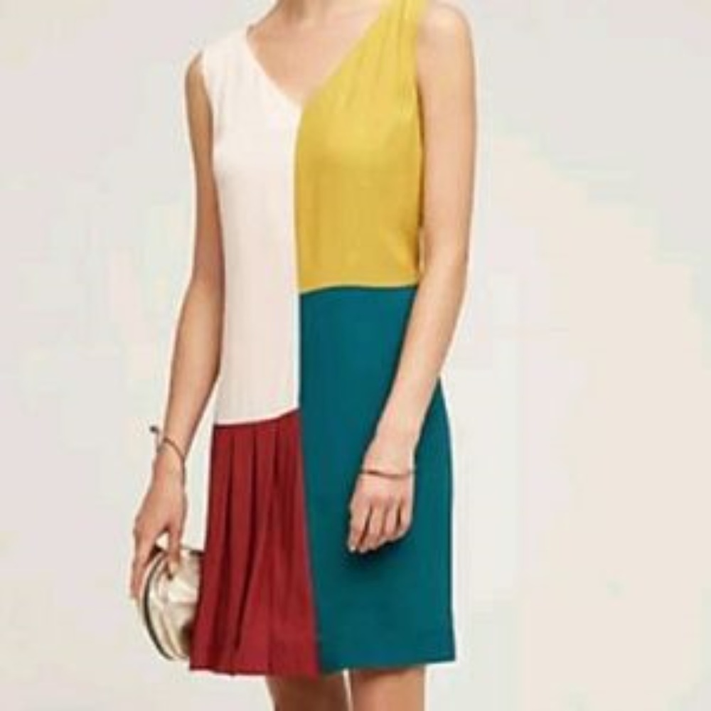 Anthropologie Colorblock Midi Dress in Yellow, Teal, Red, Cream